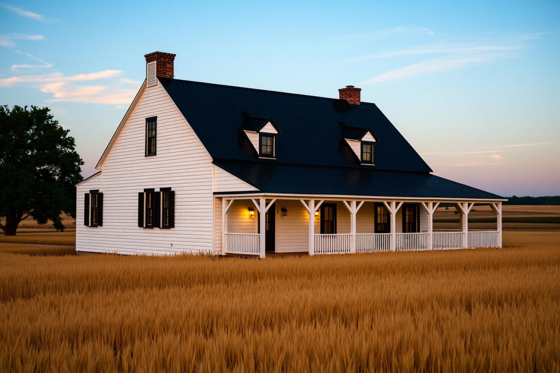 A restored farmhouse at dusk