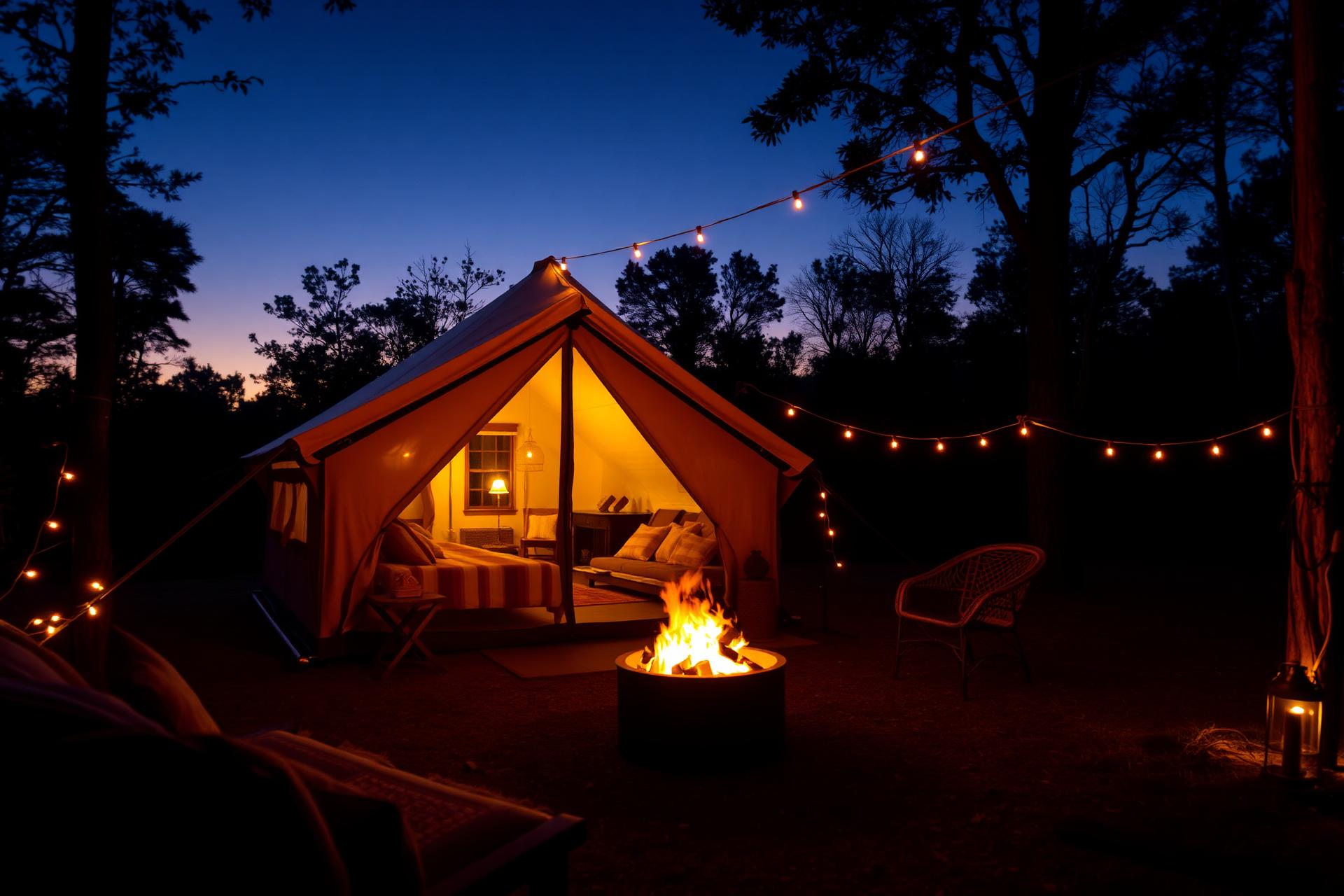 A luxury glamping tent with firepit at twilight
