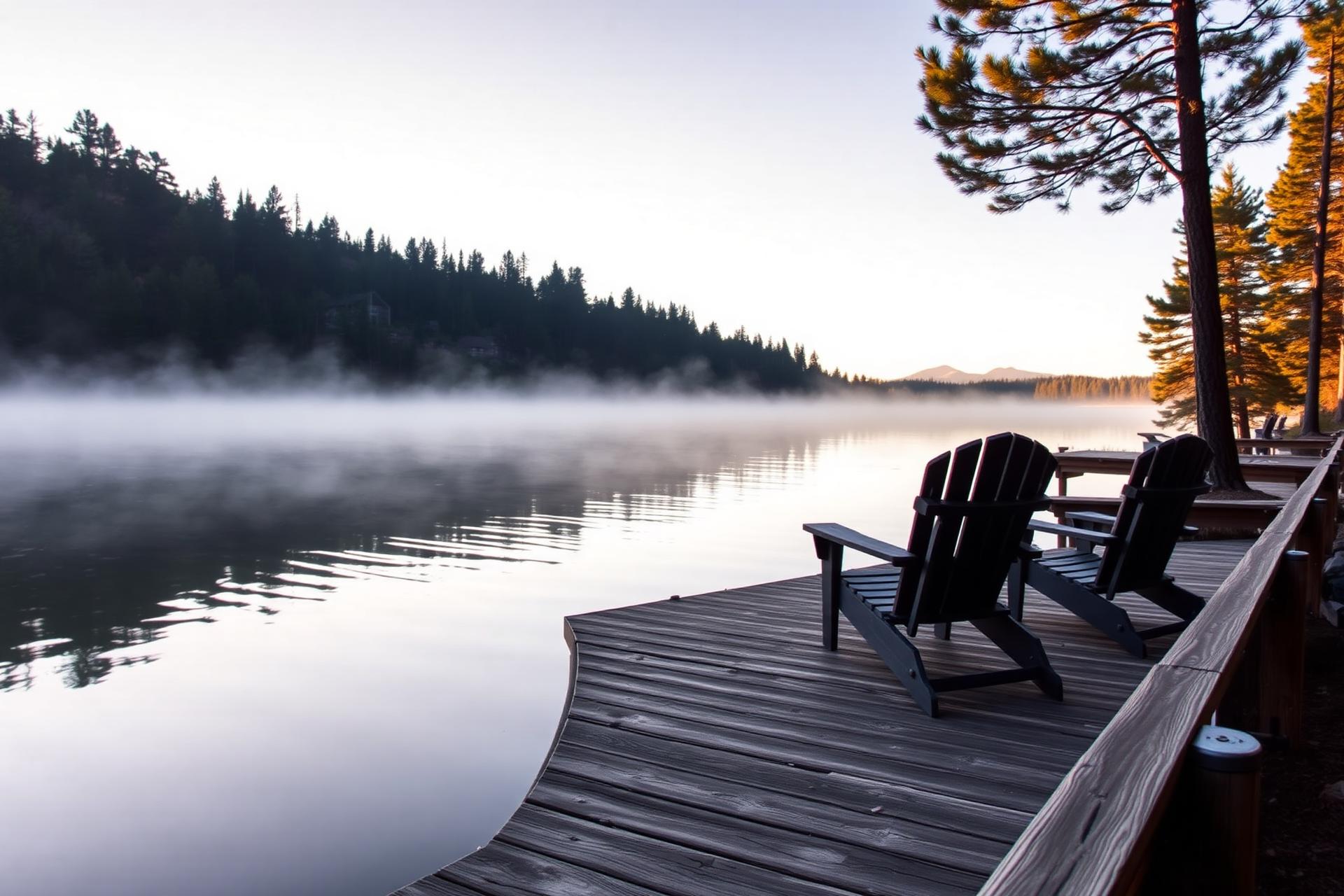 A lakefront dock at sunrise